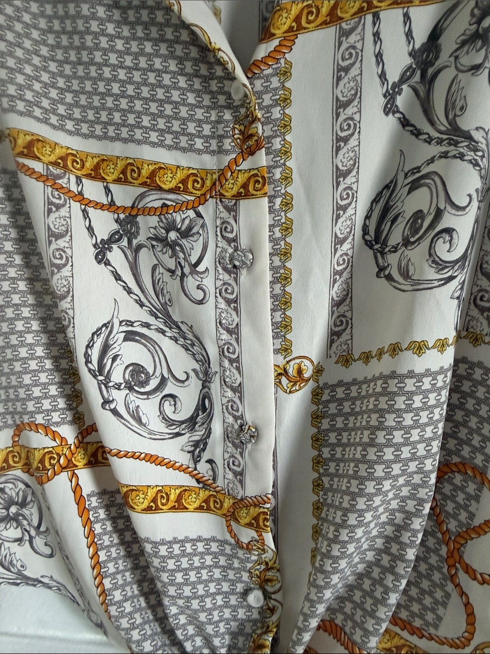 MNG Baroque Print Button-Down Shirt in Cream, Gold & Gray - Picture 4 of 6